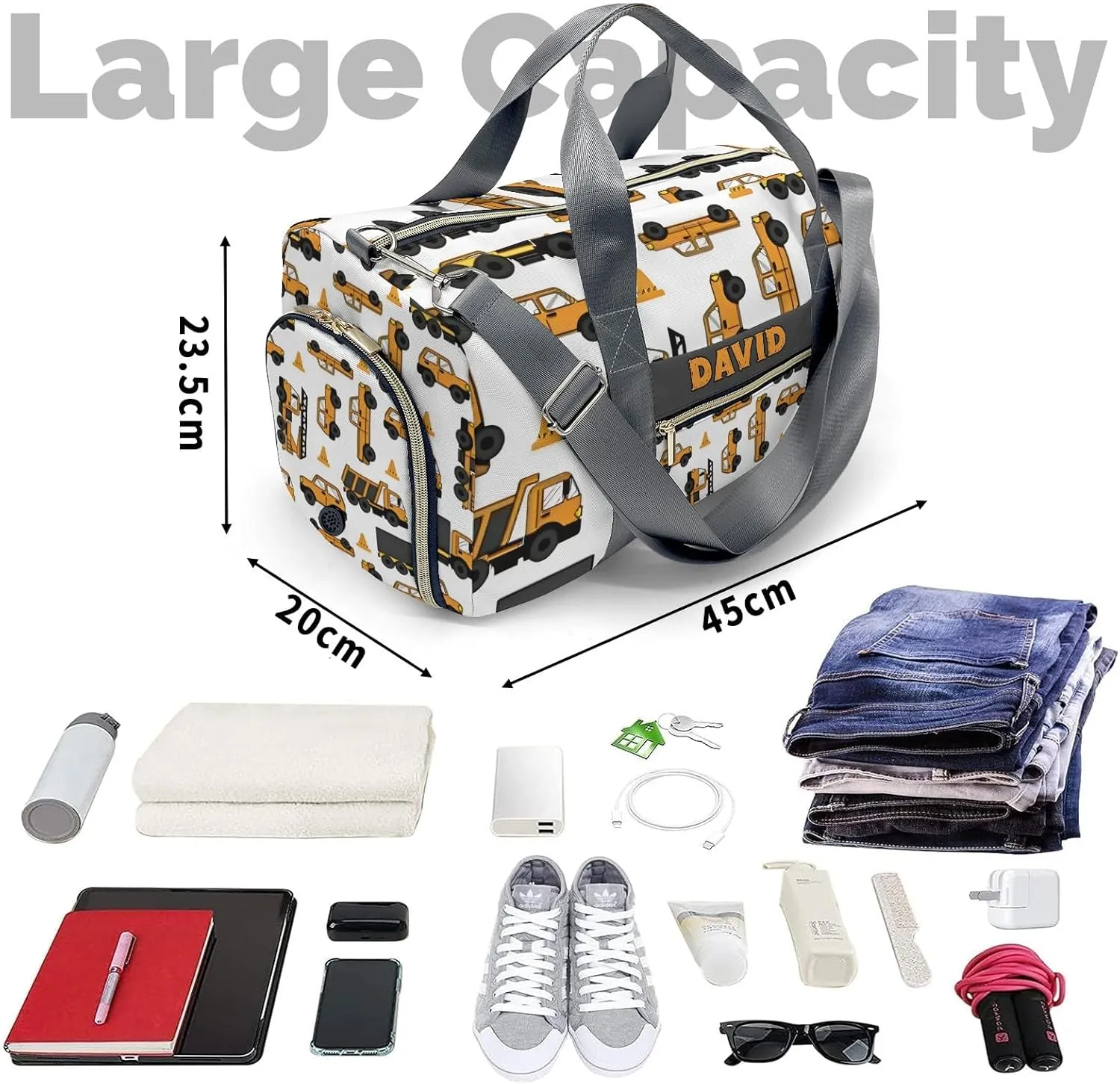 Yellow Truck Personalized Kids Duffel Swim Bag for Boys,Customized Swim Duffle Bag for Boys Man Kids Gifts