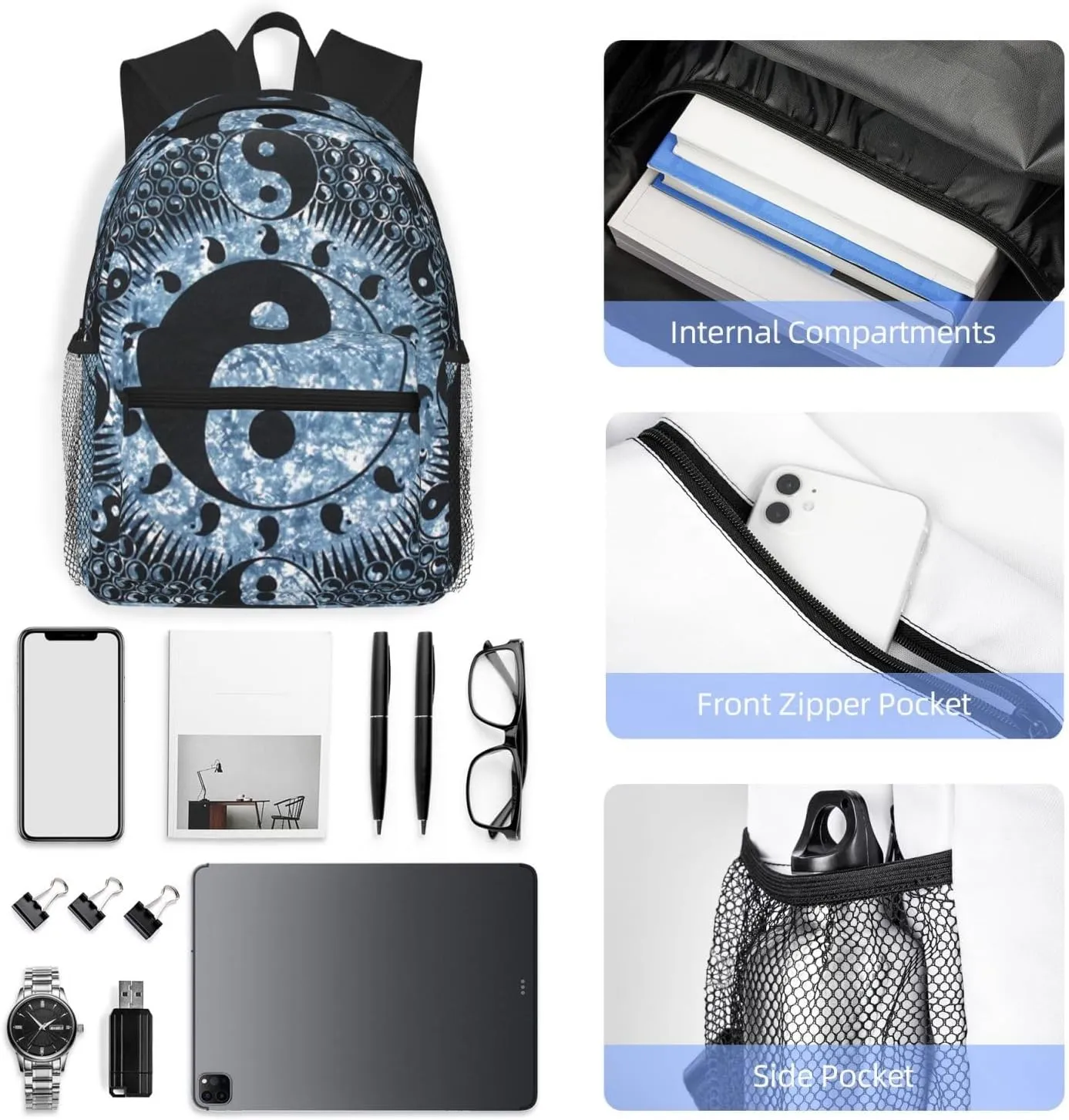 Ying Yang Diagram Print Backpack Durable Travel,Sports Beach Backpack Lightweight Bags Work Casual Daypack