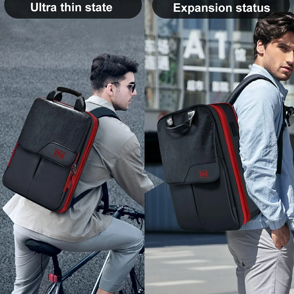 ZINZ Slim & Expandable Laptop Backpack 15.6 16 17 inch Travel Business Backpack Water-Resistant Daypack for Men and Women，Black red