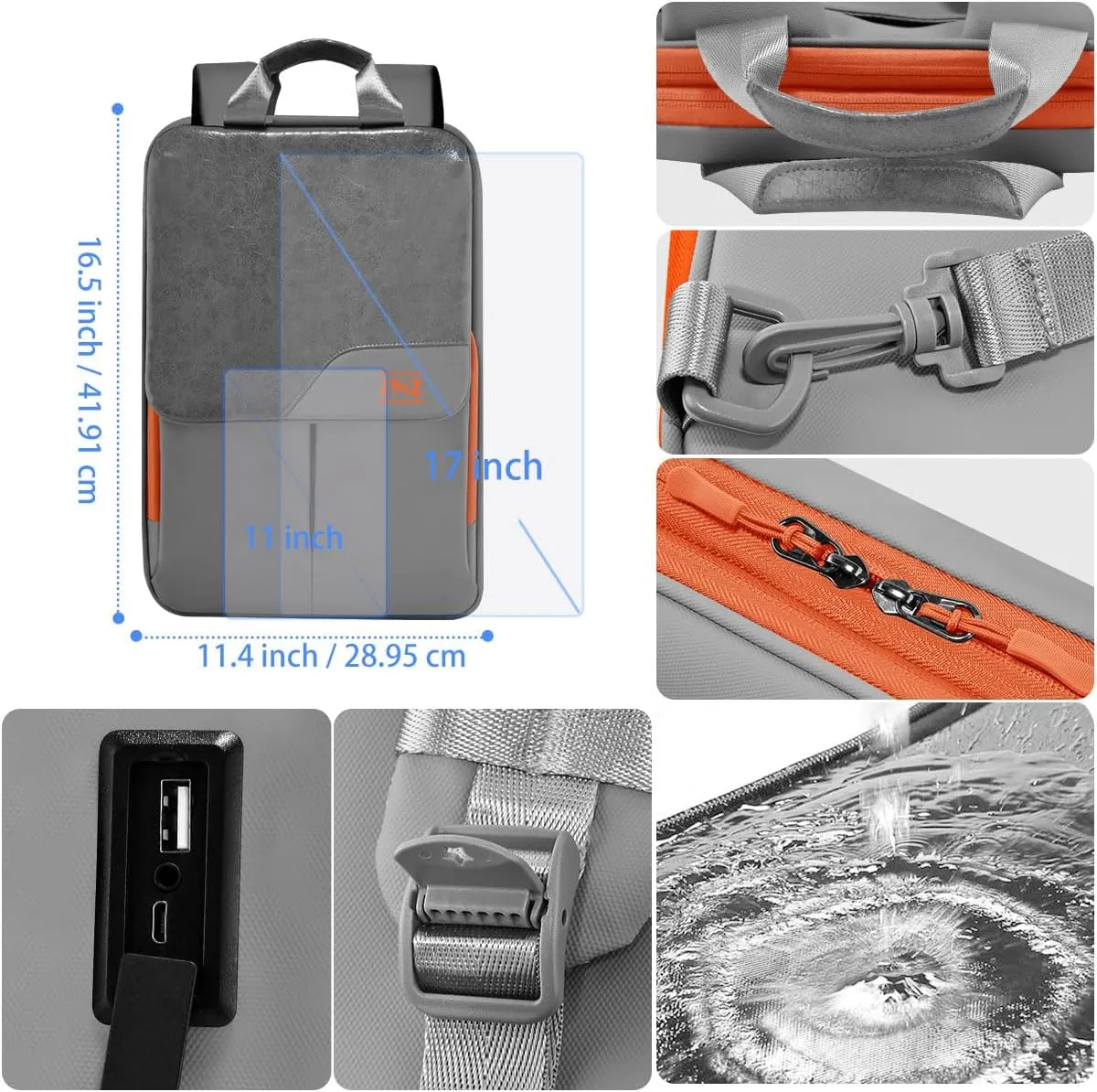 ZINZ Slim & Expandable Laptop Backpack 15.6 16 17 inch Travel Business Backpack Water-Resistant Daypack for Men and Women，Gray orange