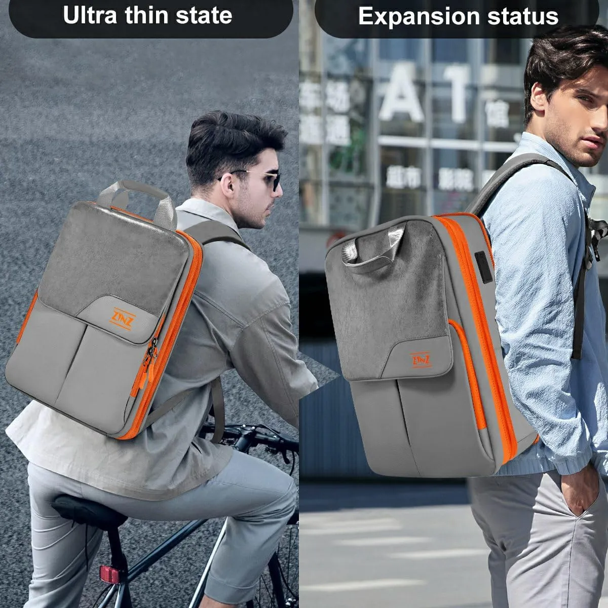 ZINZ Slim & Expandable Laptop Backpack 15.6 16 17 inch Travel Business Backpack Water-Resistant Daypack for Men and Women，Gray orange