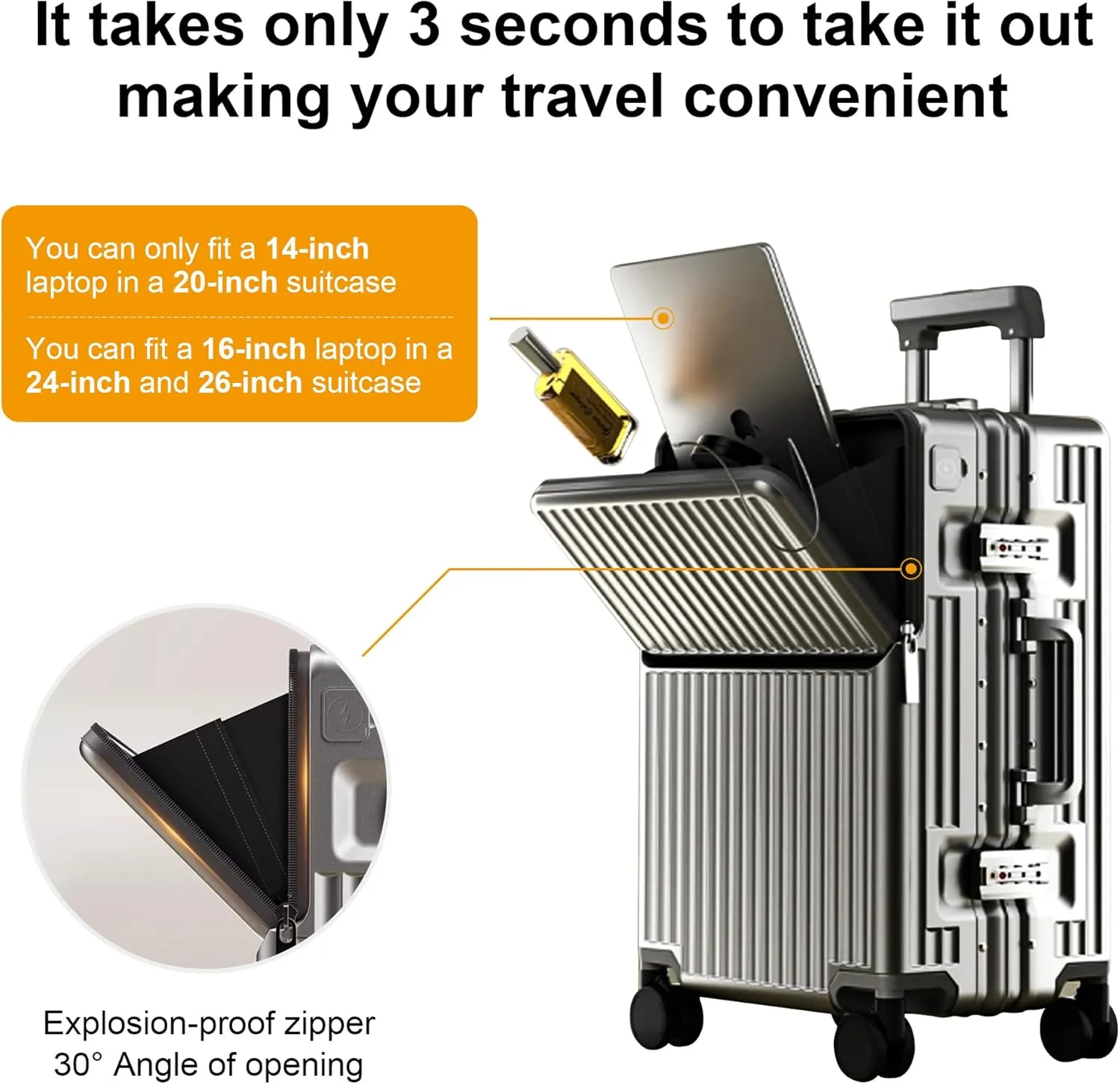 Zipperless Luggage, Polycarbonate Aluminum Hard Shell, Expandable Carry-On Suitcase with Spinner Wheels, Hard Shell Suitcase, 24 Inch Cabin