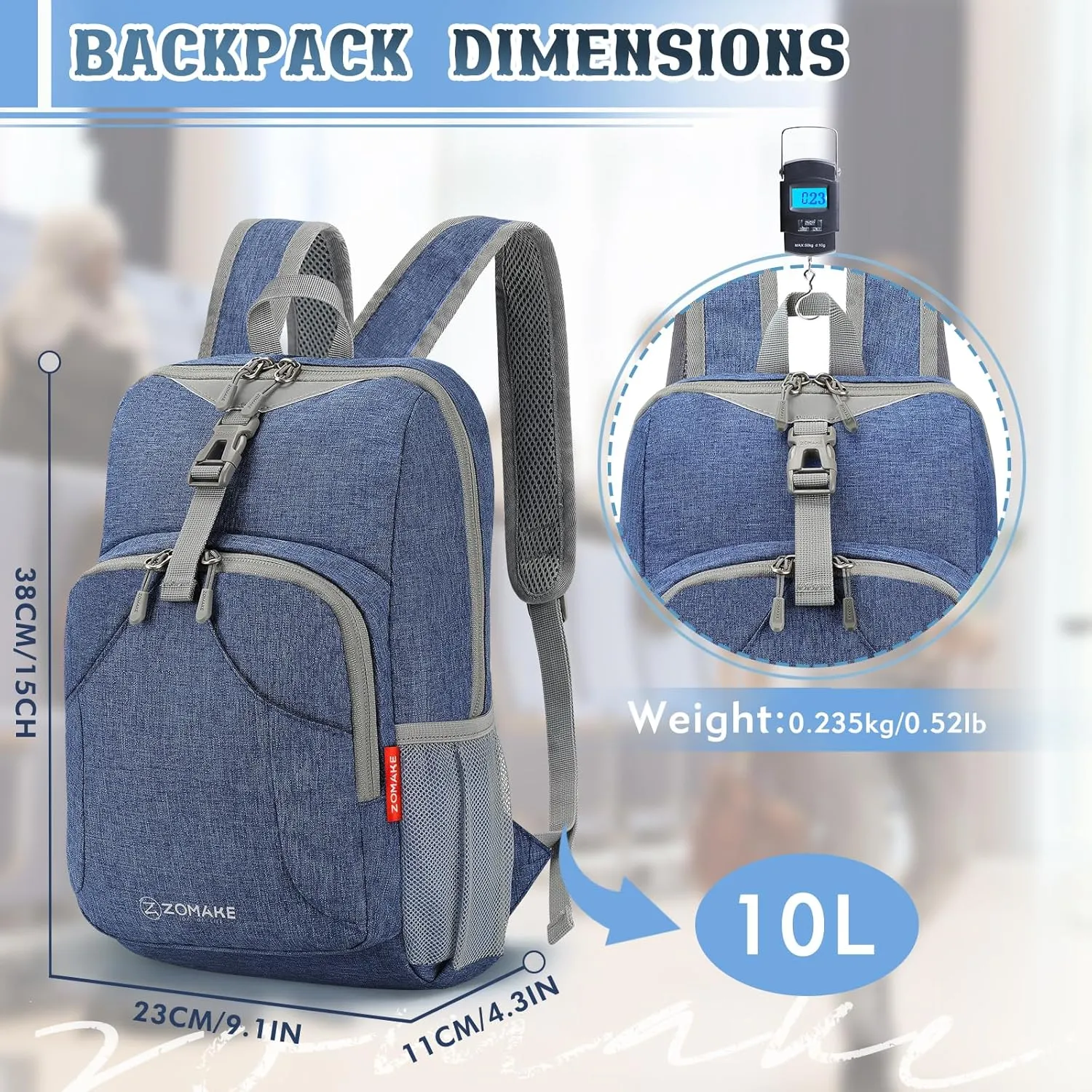 ZOMAKE Ultra Lightweight Backpack 10L, Small Hiking Daypack Water Resistant Travel Daybag Ultra Light Backpacks for Hiking (Navy Blue)