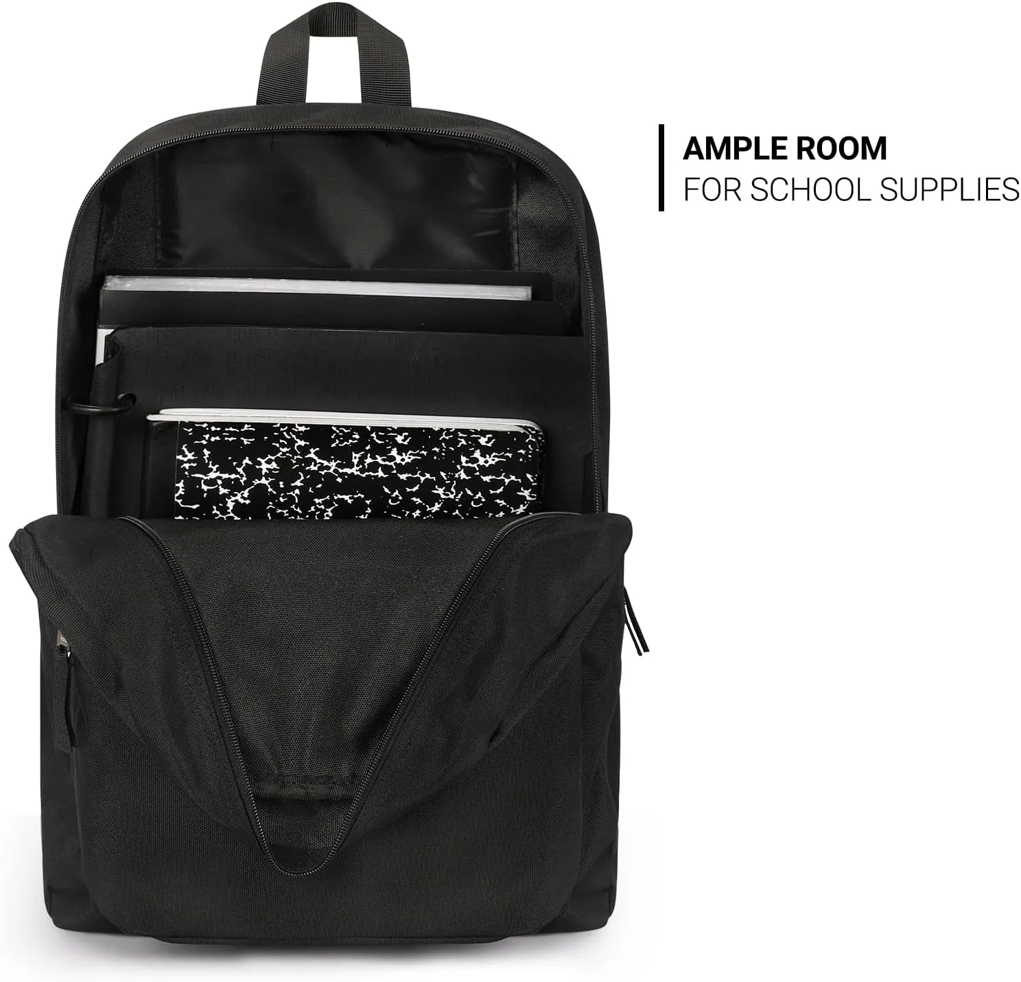 ZORFIN Black Backpack for School Work Travel: Lightweight Bookbag for Girls and Boys - Water Resistant Backpacks for Men and Women